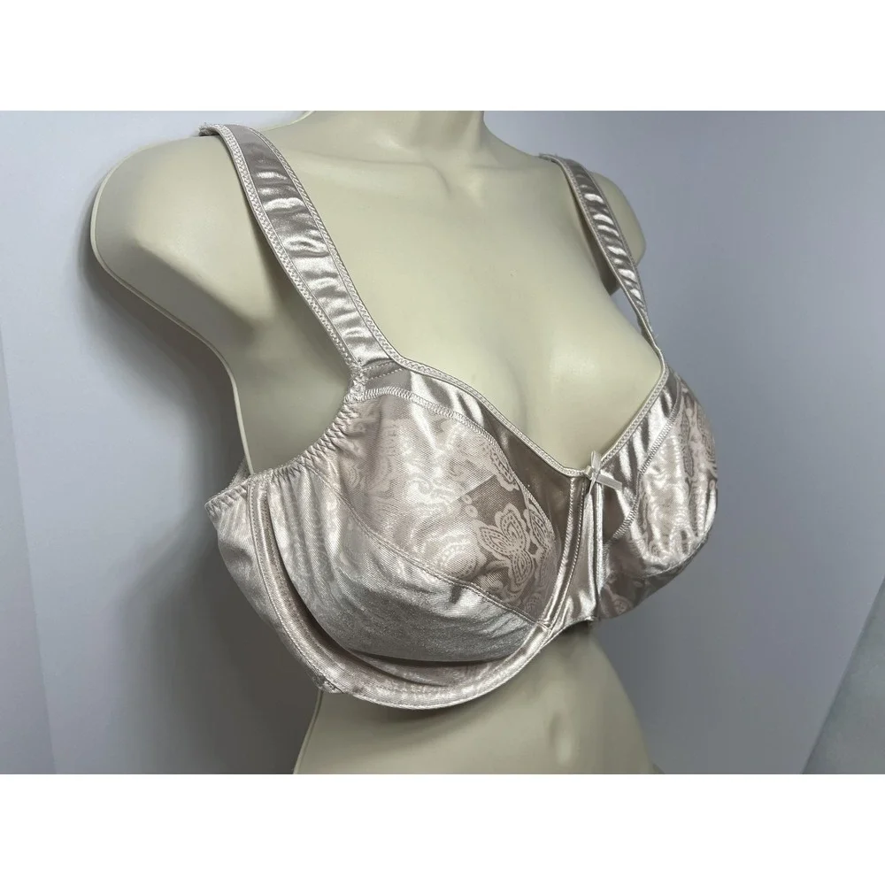 Bali Bra Womens 42C Beige Floral Satin Underwire Minimizer Full Coverage 3562